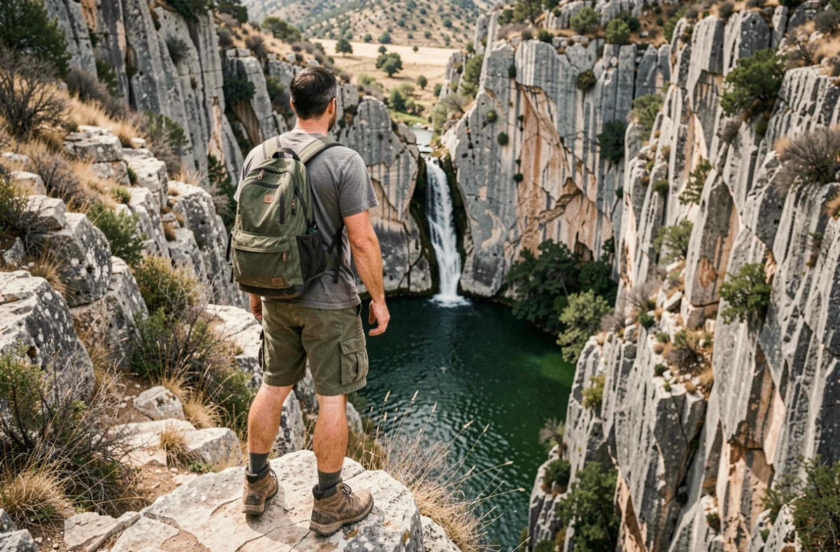 Randonneur contemplant la cascade de la Vis depuis un belvédère rocheux caché dans les gorges