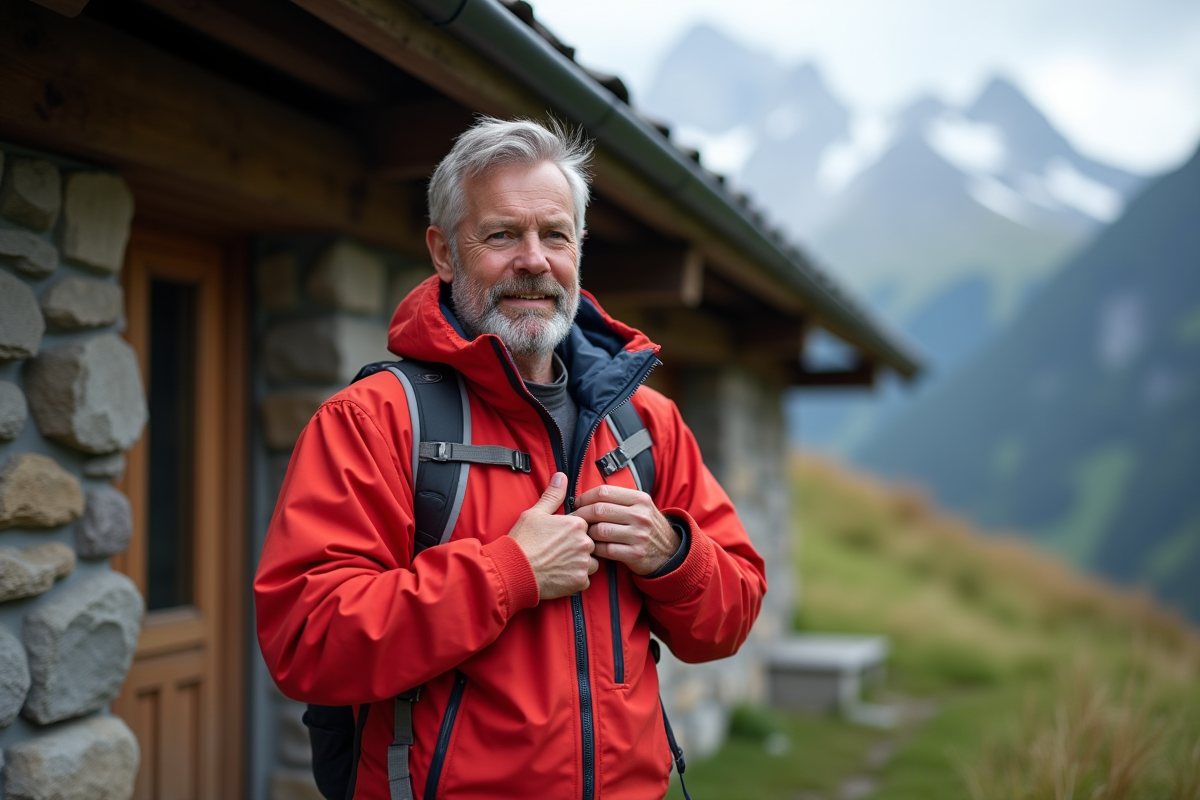 Homme randonneur en veste imperméable rouge devant refuge