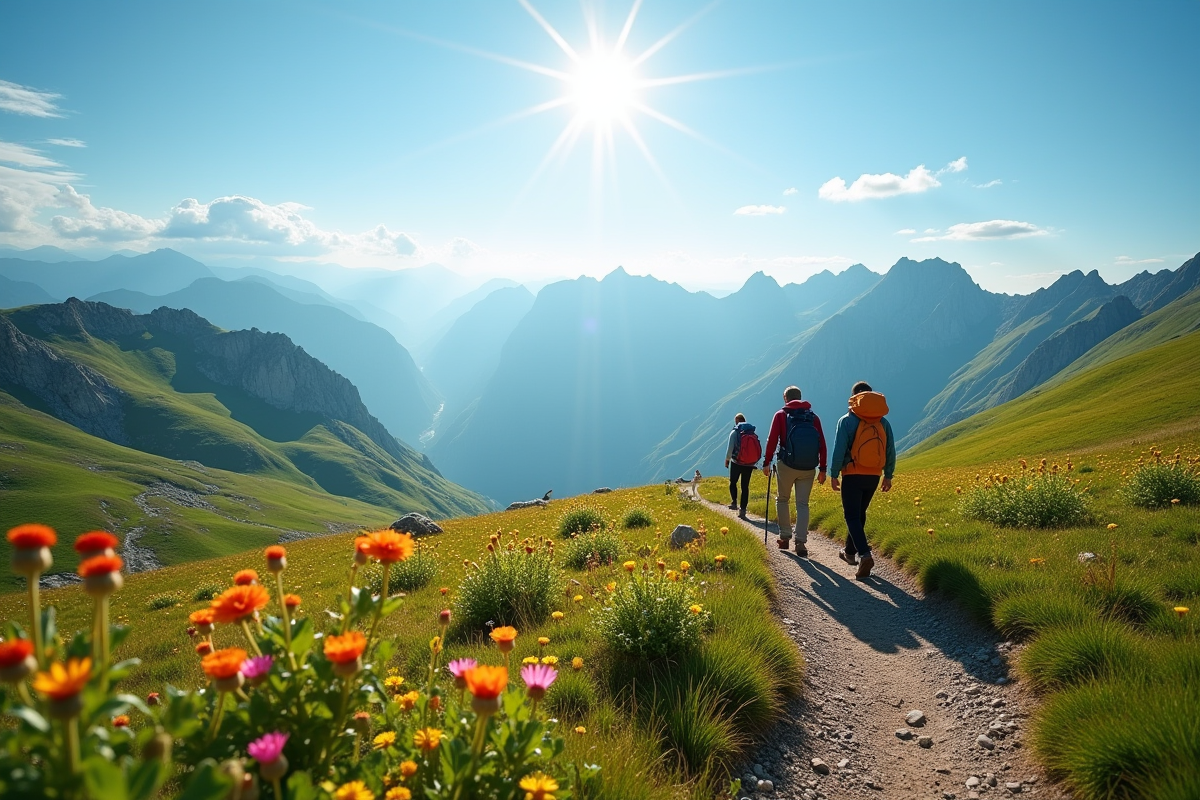 Randonneurs sur un sentier en montagne avec vue panoramique