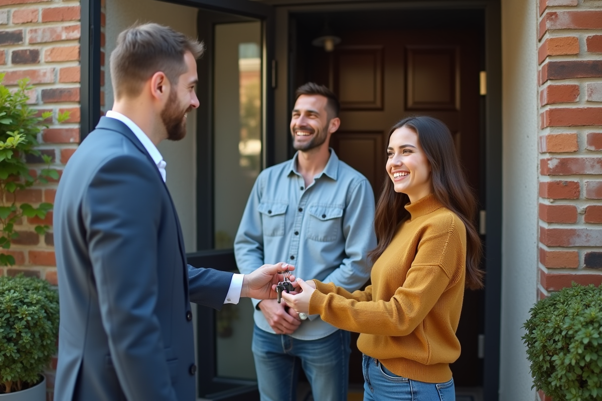 Homme remettant des clés à un couple devant une maison Airbnb