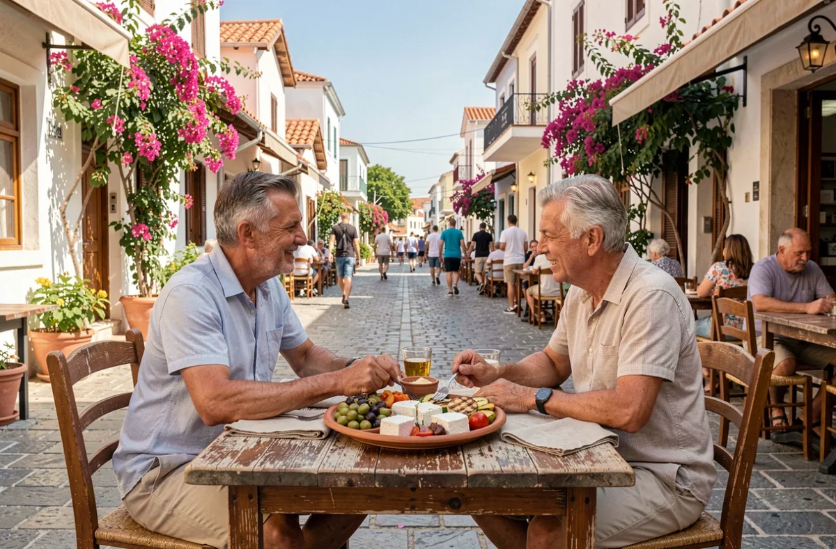 Couple savourant un repas traditionnel grec dans une taverne en plein air à Thessalonique en été