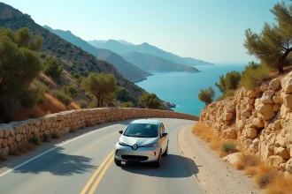 Voiture de location sur une route côtière sinueuse de la péninsule du Mani en Grèce avec vue sur la mer Égée