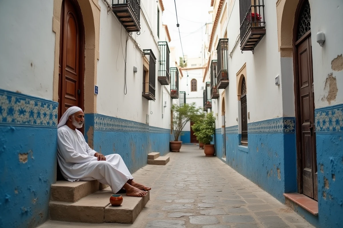 Ruelle calme et déserte de la médina de Tanger avec un habitant au repos, architecture traditionnelle marocaine authentique loin du tourisme