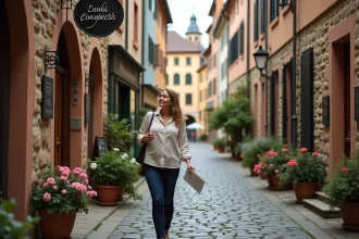 Ruelle pavée historique de Speyer avec façades en grès et femme explorant le quartier pittoresque hors des sentiers battus