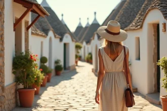 Femme se promenant dans une ruelle pavée d'Alberobello entourée de trulli aux toits coniques en pierre calcaire, Pouilles Italie