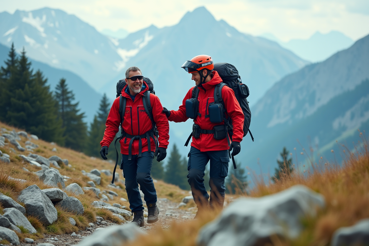 Secouriste montagne aidant randonneur sur pente rocheuse