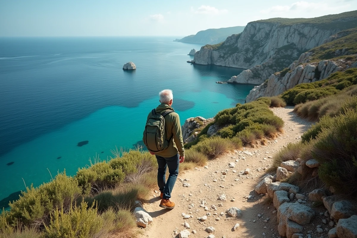 Randonneur solitaire sur sentier côtier de la Costa Smeralda avec vue sur mer turquoise en hors-saison