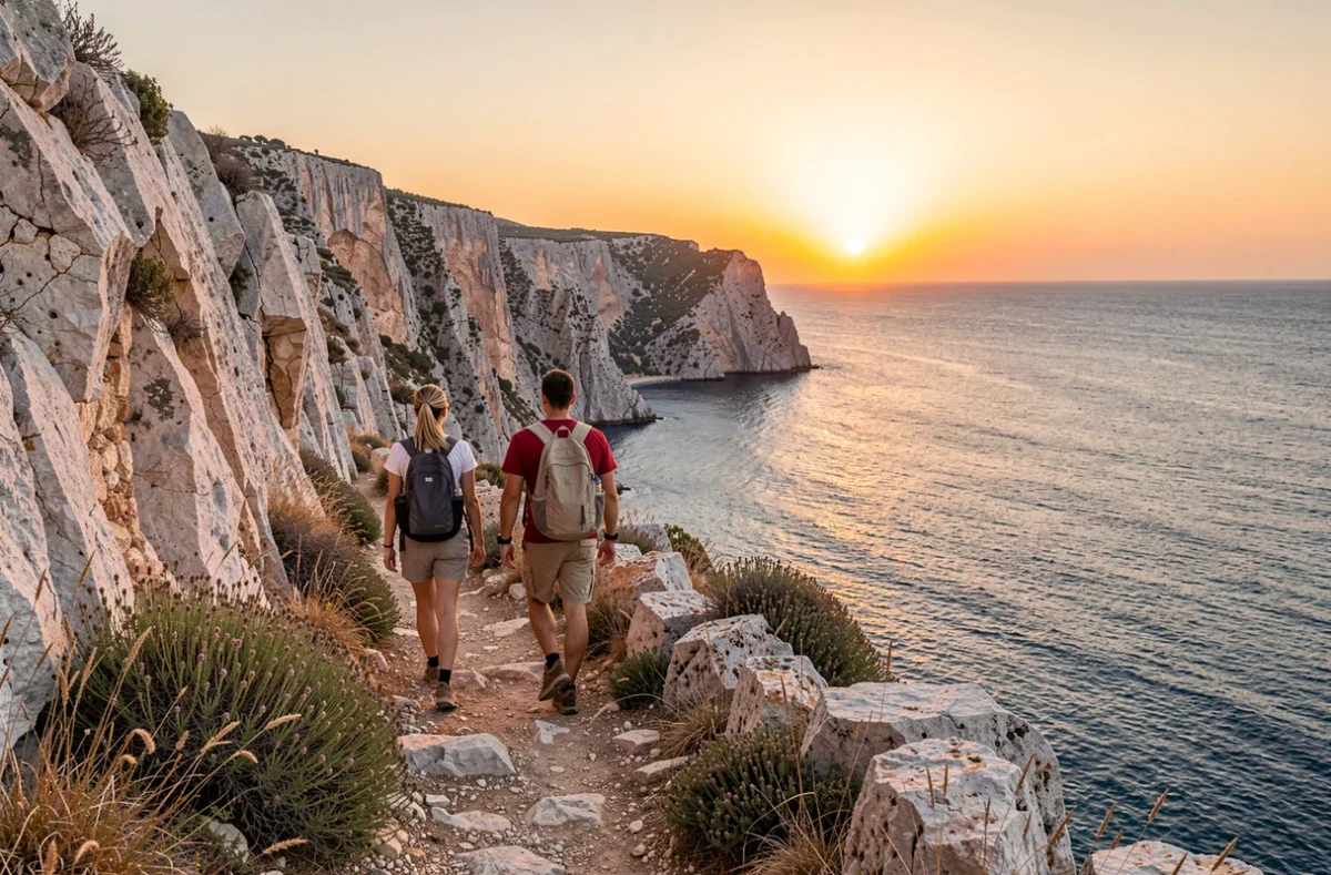 Sentier côtier rocheux de Folegandros longeant des falaises calcaires avec randonneurs et coucher de soleil sur la mer Égée