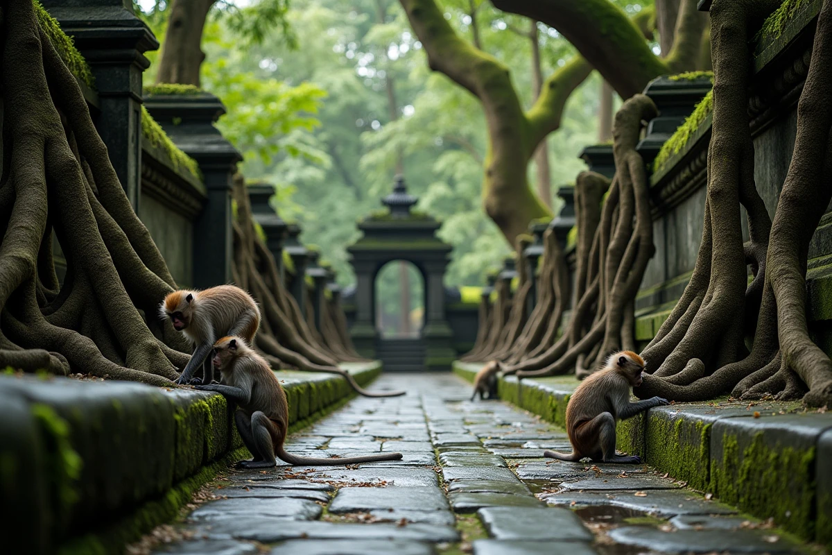 Sentier forestier immersif de la Sacred Monkey Forest d'Ubud avec des macaques se toilettant sur un mur en pierre moussu envahi par les racines de banian