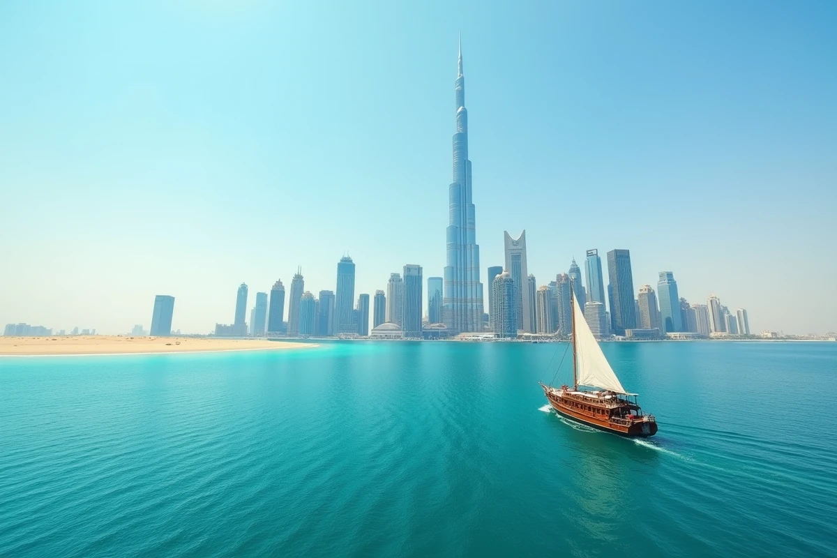 Vue panoramique du skyline de Dubaï depuis le golfe Arabique illustrant la position géographique de la ville en Asie