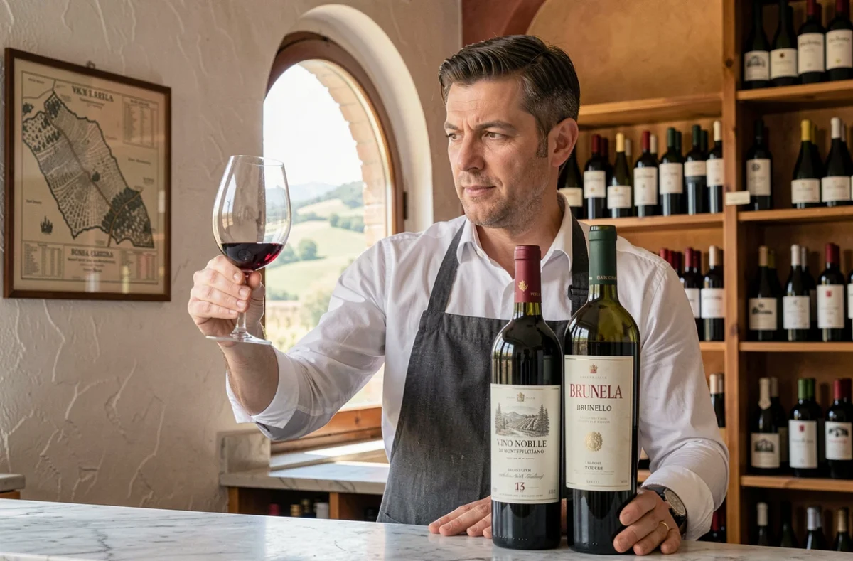 Sommelier analysant deux verres de vin rouge toscan, comparant Brunello et Vino Nobile dans une enoteca italienne