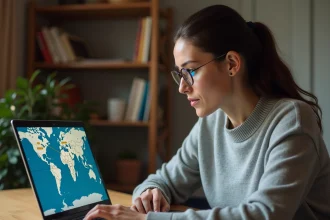 Femme consultant une application de suivi de vol en direct sur un ordinateur portable depuis son bureau à domicile