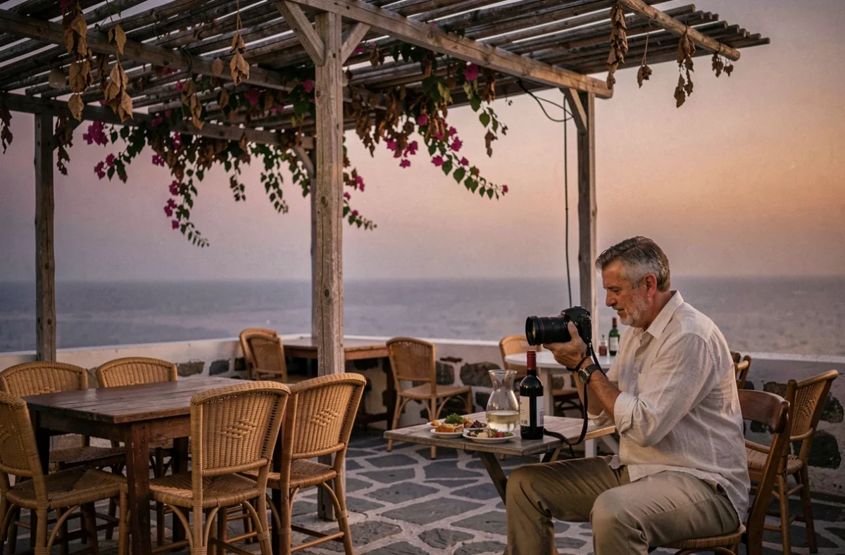 Terrasse de taverne grecque traditionnelle à Folegandros au crépuscule avec pergola fleurie et vue panoramique sur la mer