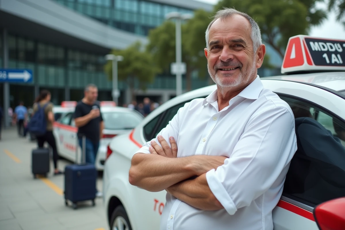 Chauffeur de taxi devant un taxi blanc à l'aéroport Adolfo Suárez de Madrid-Barajas