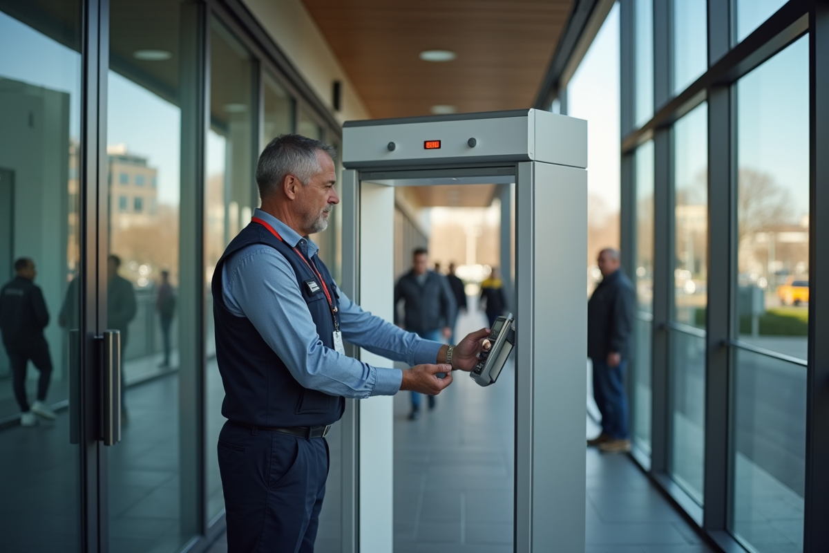 Technicien montrant le portail sonore a l entree d un bureau