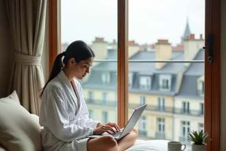 Femme en robe blanche de luxe travaillant sur un ordinateur portable dans une chambre d'hôtel parisienne avec vue sur les toits