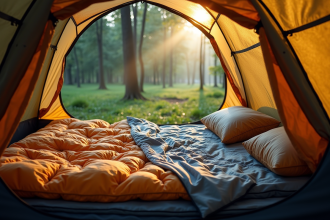 Tente avec sac de couchage et matelas gonflable dans la forêt