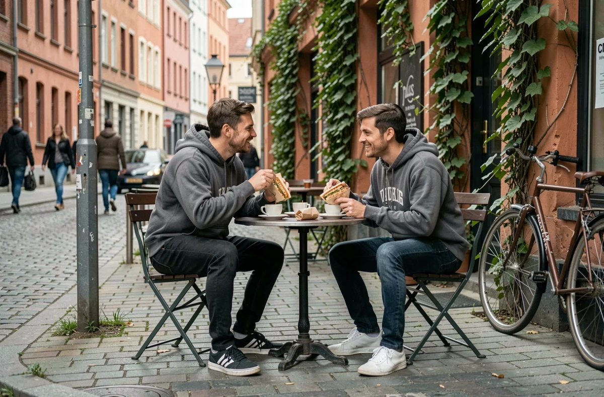 Couple attablé en terrasse dans un café de quartier du Prenzlauer Berg à Berlin