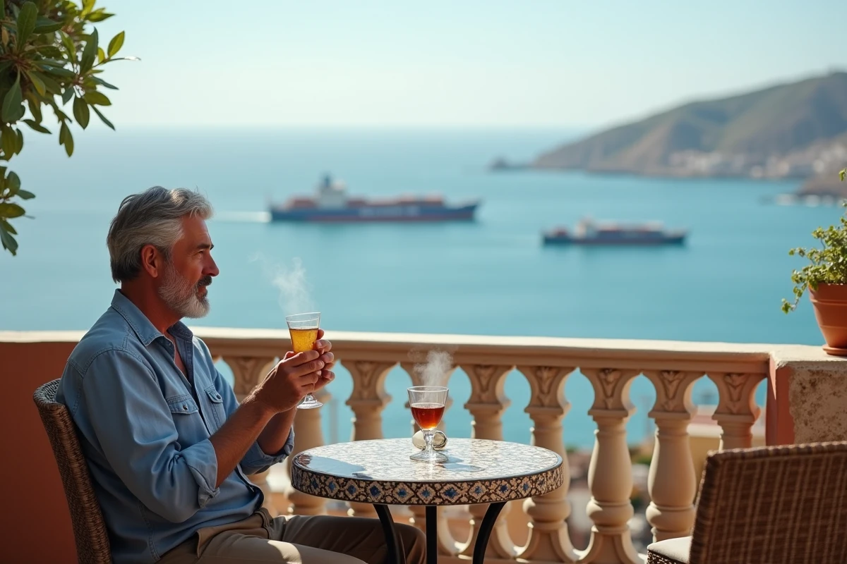 Homme savourant un thé à la menthe sur une terrasse panoramique de Tanger avec vue sur le détroit de Gibraltar, lieu calme et reposant