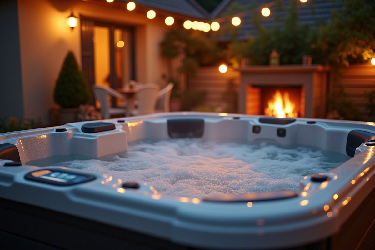 Terrasse chaleureuse avec jacuzzi et ambiance cosy Normandie