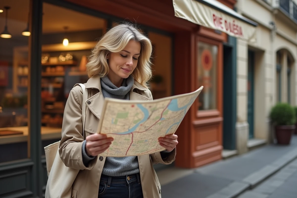 Femme consultant une carte de Paris devant une boulangerie de la rue d'Alésia