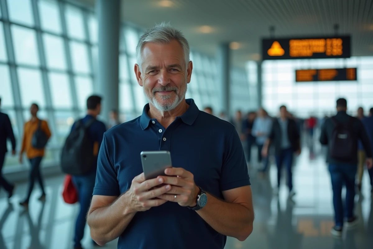 Homme consultant un tracker de vol en temps réel sur smartphone dans un terminal d'aéroport animé