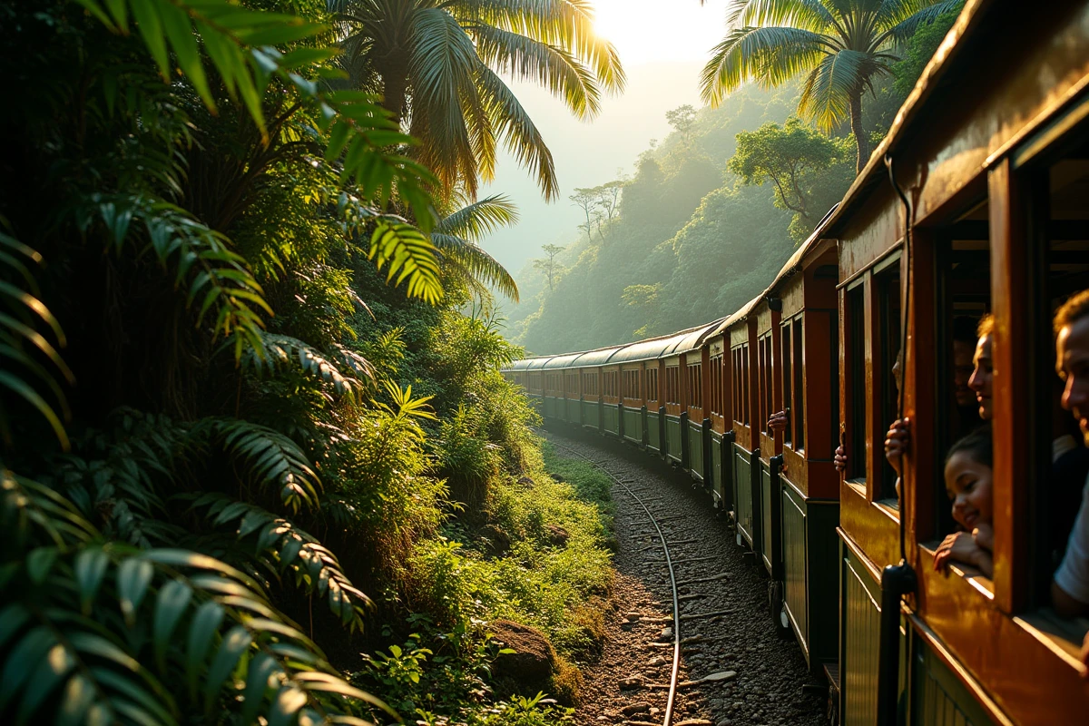 Petit train à crémaillère traversant la forêt tropicale dense sur les pentes du Corcovado vers le Christ Rédempteur