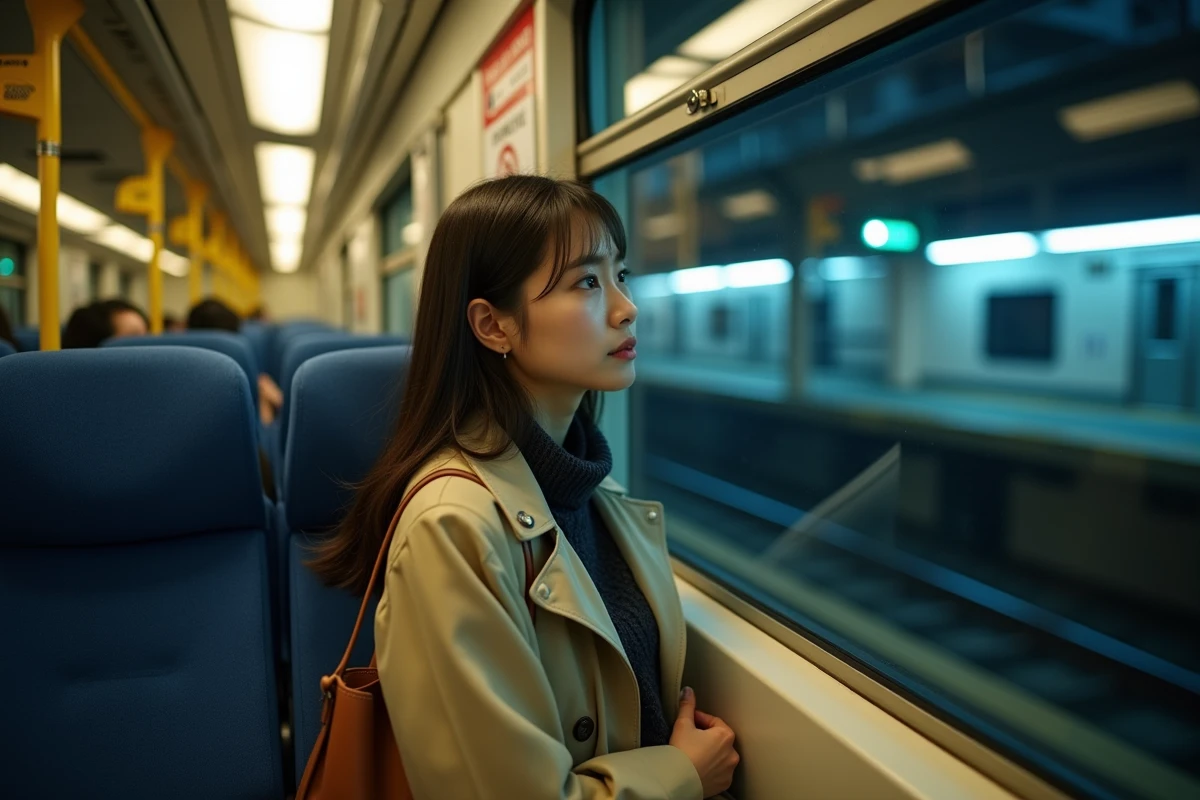 Jeune femme assise dans un train JR de Tokyo la nuit, regardant par la fenêtre avec une expression fatiguée et sereine