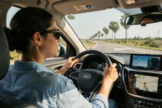 Femme conduisant sur l'autoroute I-4 en Floride entre Miami et Orlando, GPS affiché sur le tableau de bord