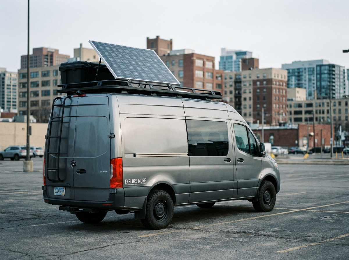 Panneau solaire sur le toit d'un van aménagé Mercedes Sprinter garé en milieu urbain