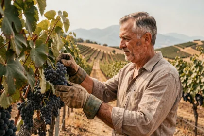 Vigneron macédonien inspectant des grappes de raisin Vranec dans les vignobles de Tikveš en Macédoine du Nord