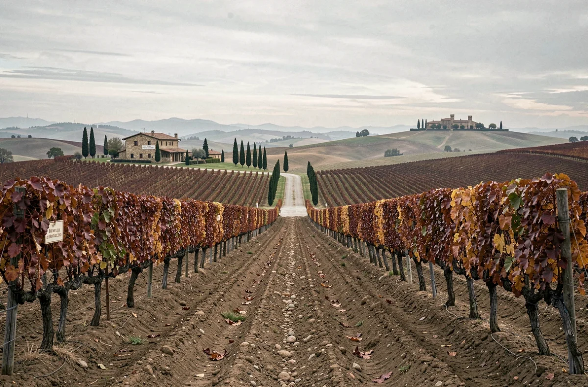 Vignobles toscans en automne avec rangées de Sangiovese représentant les appellations Brunello di Montalcino et Vino Nobile di Montepulciano