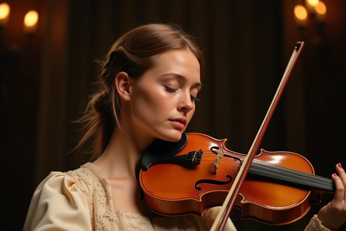 Portrait rapproché d'une violoniste baroque en pleine performance, yeux fermés, instrument baroque au menton, expression de concentration intense sur scène