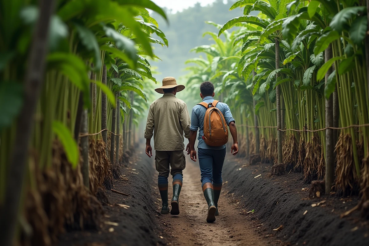 Agriculteur réunionnais guidant un voyageur à travers une plantation de vanille traditionnelle sur la côte est de l'île de La Réunion