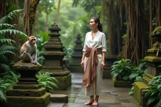 Femme voyageant seule dans la Sacred Monkey Forest d'Ubud portant un sarong balinais traditionnel, observant un macaque assis sur une statue en pierre sculptée