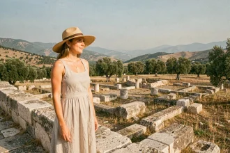 Femme en robe de lin visitant les ruines antiques de Vergina en Macédoine grecque au printemps