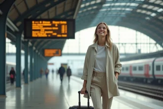 Femme avec valise sur un quai de gare TGV en France, regardant le tableau des départs pour rejoindre un parc d'attractions en Espagne