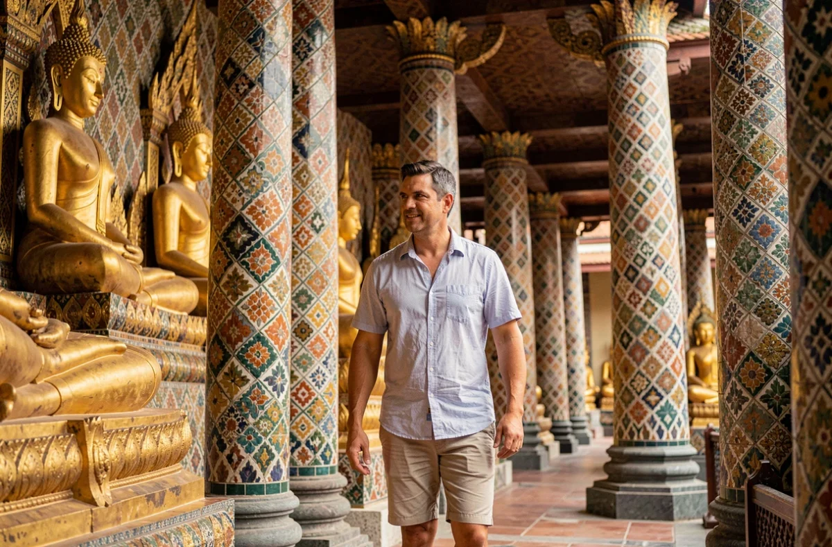 Touriste visitant le temple Wat Pho à Bangkok avec ses statues dorées et ses colonnes décorées de céramiques