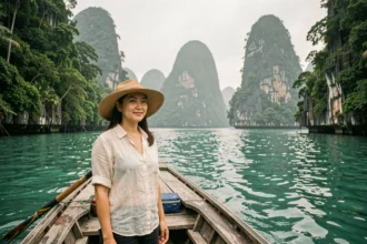 Voyageuse sur un bateau longtail dans la baie de Phang Nga en Thaïlande avec des formations karstiques en arrière-plan