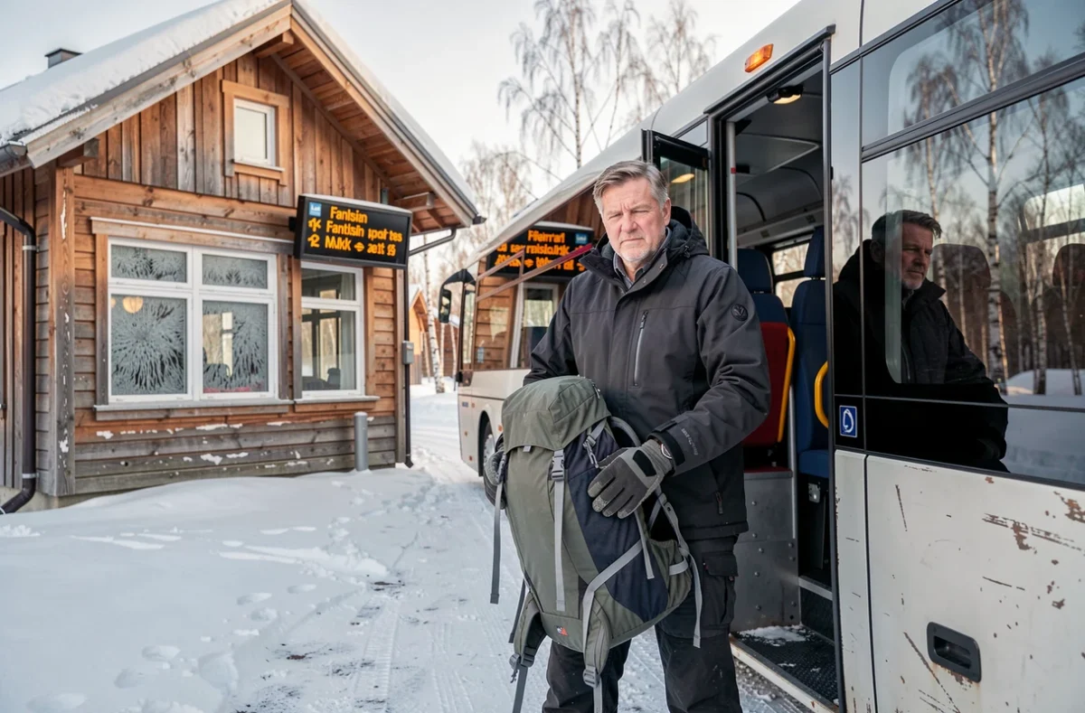 Voyageur chargeant ses bagages dans un bus régional à une station en Laponie suédoise en hiver