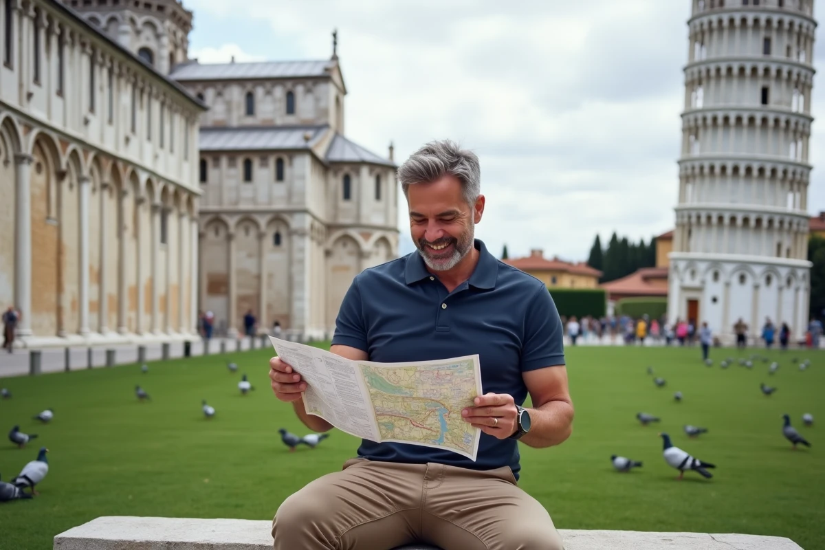 Voyageur consultant une carte touristique près du Baptistère de Pise avec la Tour penchée en arrière-plan