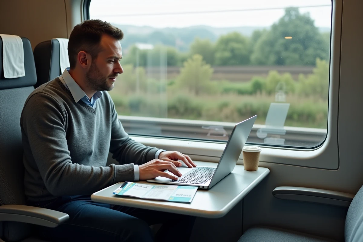 Voyageur consultant les tarifs réduits sur un train entre Lyon et l'Italie avec sa carte de réduction