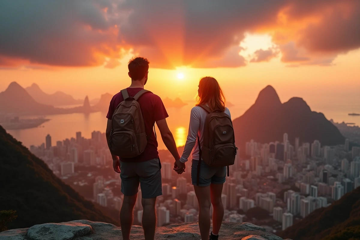Couple de voyageurs sur le belvédère du Corcovado admirant le coucher de soleil sur Rio de Janeiro et le Pain de Sucre