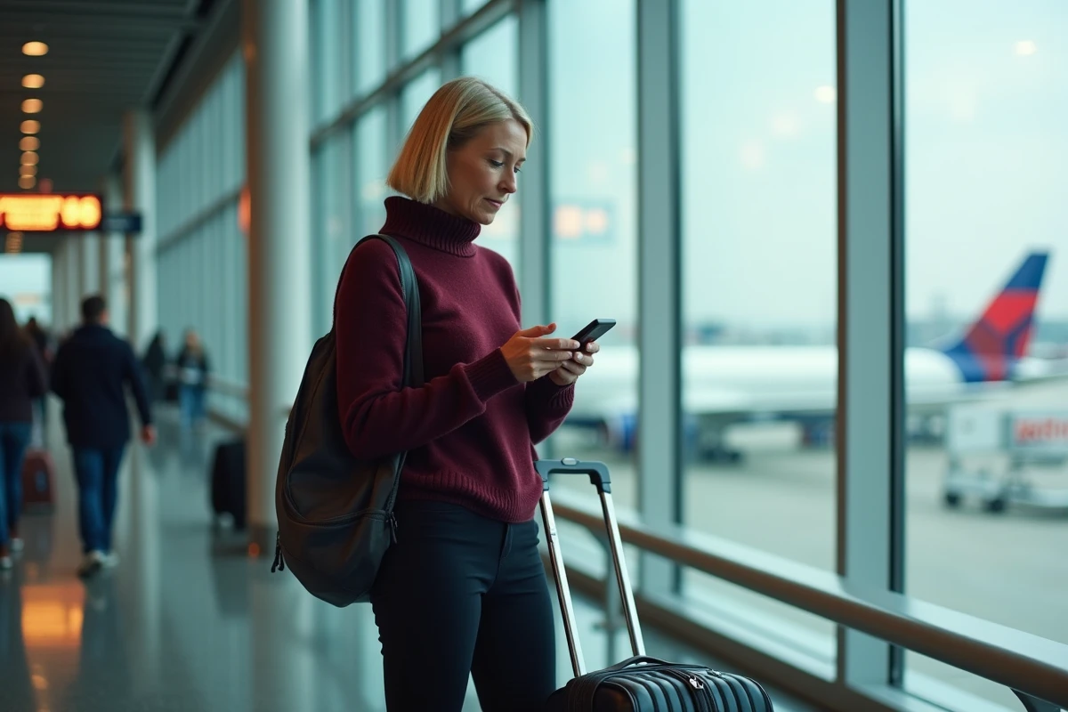 Voyageuse francophone rédigeant un avis sur son téléphone dans un terminal d'aéroport avec un avion Delta visible en arrière-plan