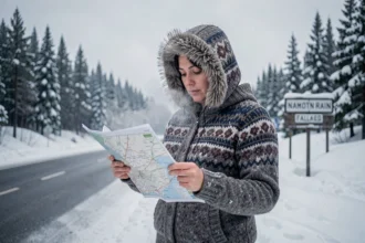 Voyageuse consultant une carte papier à un poste frontière enneigé en Laponie entre la Norvège et la Finlande