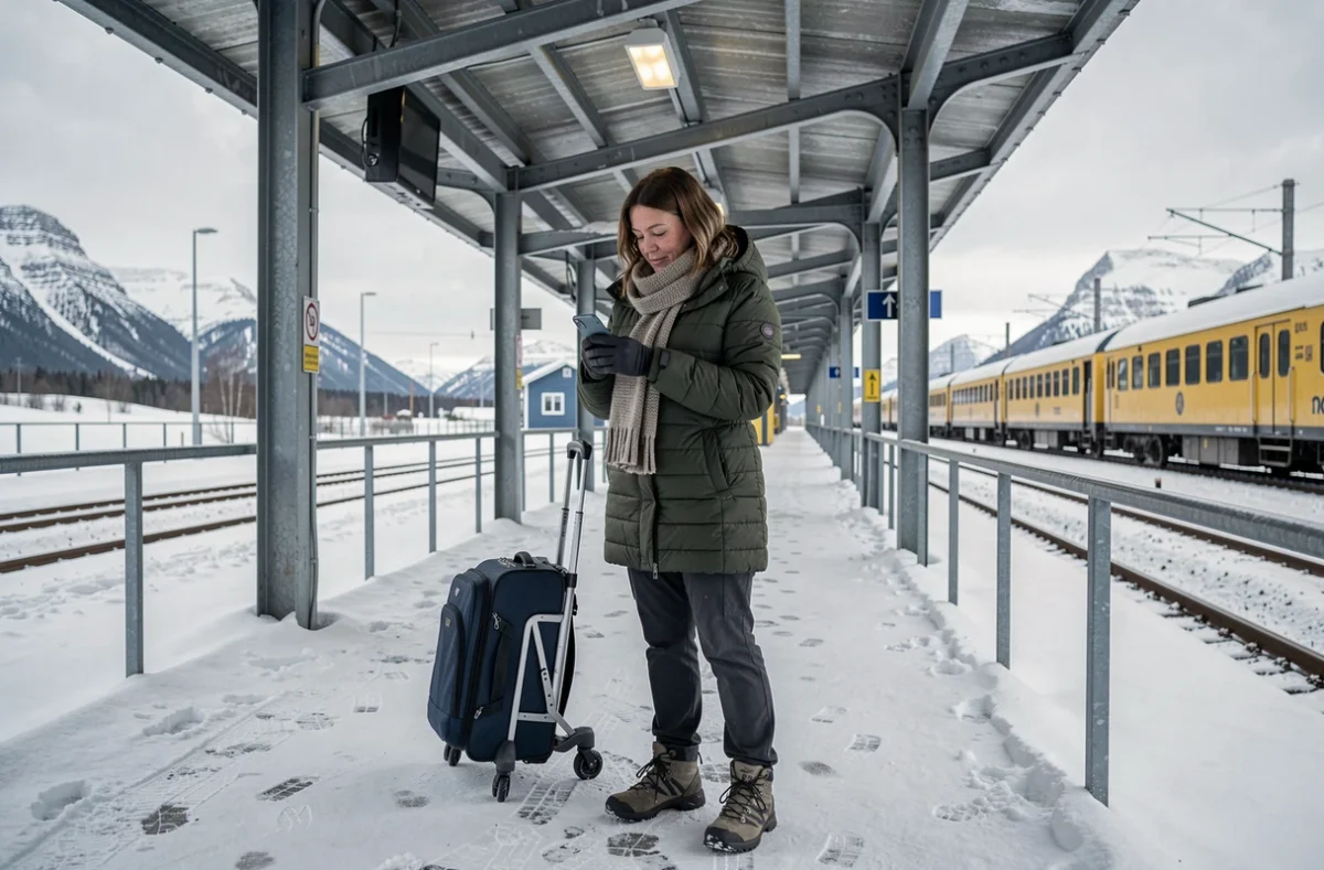 Voyageuse seule consultant son téléphone sur le quai enneigé de la gare de Kiruna en Laponie suédoise