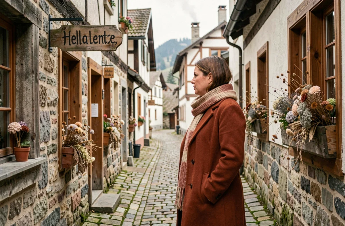 Voyageuse explorant une ruelle pittoresque de Hallstatt hors saison, atmosphère authentique et village désert au printemps