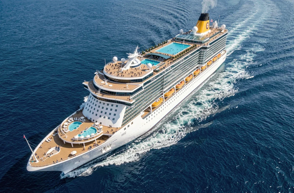 Vue aérienne d'un immense paquebot de croisière naviguant en pleine mer ouverte